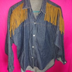Vintage denin top with brown suede fringes